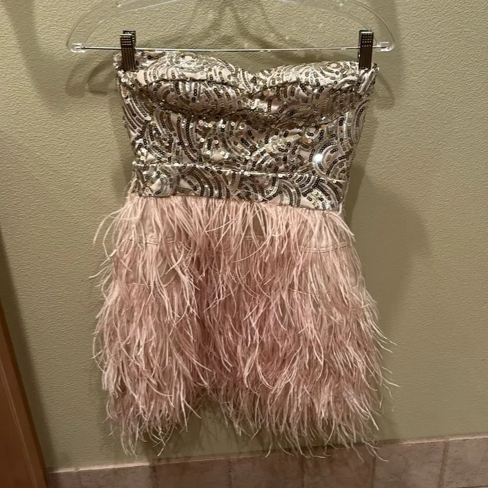 Bebe strapless fringe and sequin dress. Top is gold and the fringe is light pink - Picture 1 of 11
